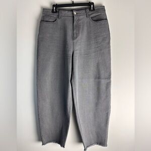 Express Gray Barrel Leg Jeans Raw Hem Cropped High Rise Size 12 Stretchy